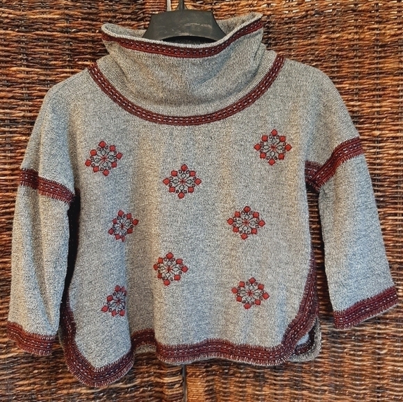 Lucky Brand XS Lotus Funnel Neck Embroidered Nordic Knit Pullover Grey Black - Picture 1 of 9